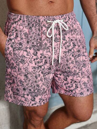 Manfinity Swimmode شورت كاجوال للشاطئ للرجال بخصر رباط مطبوع بنجمة البحر والصدف