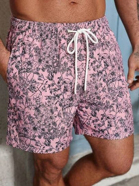 Manfinity Swimmode شورت كاجوال للشاطئ للرجال بخصر رباط مطبوع بنجمة البحر والصدف