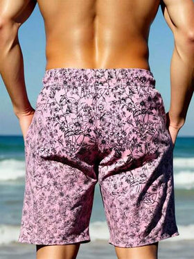 Manfinity Swimmode شورت كاجوال للشاطئ للرجال بخصر رباط مطبوع بنجمة البحر والصدف