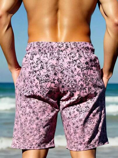 Manfinity Swimmode شورت كاجوال للشاطئ للرجال بخصر رباط مطبوع بنجمة البحر والصدف