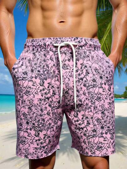 Manfinity Swimmode شورت كاجوال للشاطئ للرجال بخصر رباط مطبوع بنجمة البحر والصدف
