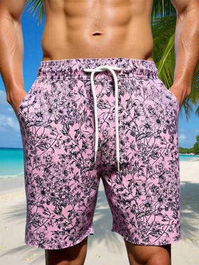 Manfinity Swimmode شورت كاجوال للشاطئ للرجال بخصر رباط مطبوع بنجمة البحر والصدف