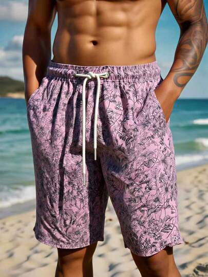 Manfinity Swimmode شورت كاجوال للشاطئ للرجال بخصر رباط مطبوع بنجمة البحر والصدف