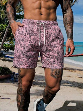 Manfinity Swimmode شورت كاجوال للشاطئ للرجال بخصر رباط مطبوع بنجمة البحر والصدف