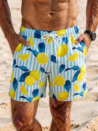Manfinity Swimmode شورتات شاطئ كاجوال للرجال مطبوعة بخطوط وليمون