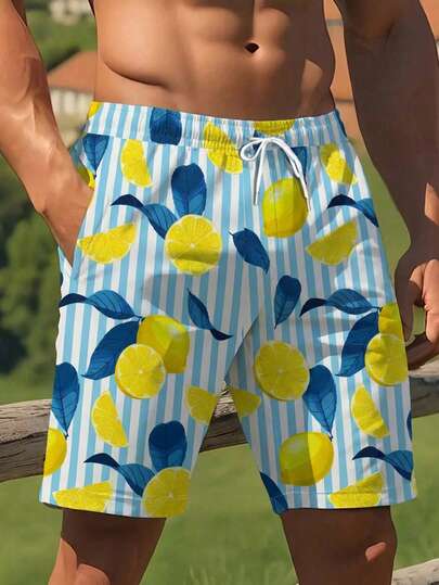 Manfinity Swimmode شورتات شاطئ كاجوال للرجال مطبوعة بخطوط وليمون