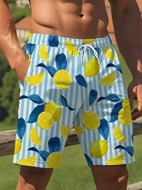 Manfinity Swimmode شورتات شاطئ كاجوال للرجال مطبوعة بخطوط وليمون