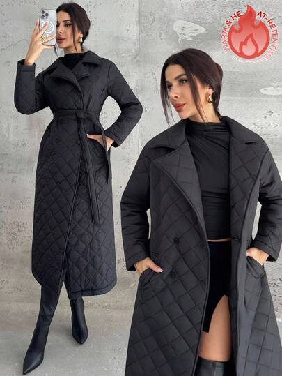 Firerie معطف مبطن أسود متوسط الطول مريح للنساء، ذو ياقة منقلبة وحزام وجيوب مزدوجة الصدر، لارتداء اليومي والتنقل في الشوارع والموضة الحضرية الأنيقة، مناسب للخريف والشتاء