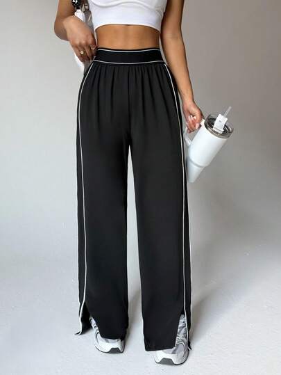 Dewbera بنطلون رياضي نسائي فضفاض ذو ساق مستقيمة مع جيوب، خصر مزين بشريط متباين، خصر مطاطي مرن عالي المطاطية، مناسب للارتداء اليومي العادي، الجري، اليوغا، الجيم، التنس، الجولف، خلال فصلي الخريف والشتاء