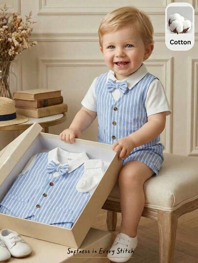 Cozy Pixies 3 قطع طقم ملابس رسمية للأطفال الصبيان/البنات: بدلة جاكيت مخططة باللون الأزرق والأبيض، قميص أبيض بأكمام قصيرة، جاكيت وشورت مخططان باللون الأزرق والأبيض، مناسبة لمناسبات الربيع والصيف مثل حفلة عيد الميلاد، المعمودية، عيد الميلاد الأول، المراسم،