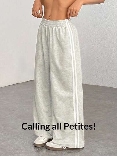 SHEIN PETITE بنطلون أسود كاجوال مخطط جانبيا أنيق للموضة اليومية العادية