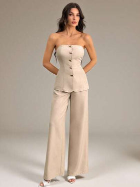 SHEIN Tall طقم ملابس علوية كامسول معدنية أنيقة وبسيطة وبنطلون واسع الساق بخصر عالي بلون الخاكي قطعتين، مناسب للذهاب إلى العمل والأنشطة اليومية والعطلات