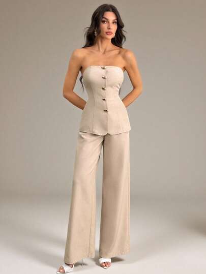 SHEIN Tall طقم ملابس علوية كامسول معدنية أنيقة وبسيطة وبنطلون واسع الساق بخصر عالي بلون الخاكي قطعتين، مناسب للذهاب إلى العمل والأنشطة اليومية والعطلات
