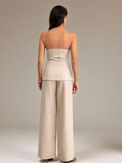 SHEIN Tall طقم ملابس علوية كامسول معدنية أنيقة وبسيطة وبنطلون واسع الساق بخصر عالي بلون الخاكي قطعتين، مناسب للذهاب إلى العمل والأنشطة اليومية والعطلات