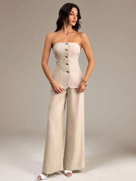 SHEIN Tall طقم ملابس علوية كامسول معدنية أنيقة وبسيطة وبنطلون واسع الساق بخصر عالي بلون الخاكي قطعتين، مناسب للذهاب إلى العمل والأنشطة اليومية والعطلات