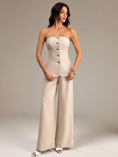 SHEIN Tall طقم ملابس علوية كامسول معدنية أنيقة وبسيطة وبنطلون واسع الساق بخصر عالي بلون الخاكي قطعتين، مناسب للذهاب إلى العمل والأنشطة اليومية والعطلات