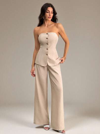 SHEIN Tall طقم ملابس علوية كامسول معدنية أنيقة وبسيطة وبنطلون واسع الساق بخصر عالي بلون الخاكي قطعتين، مناسب للذهاب إلى العمل والأنشطة اليومية والعطلات