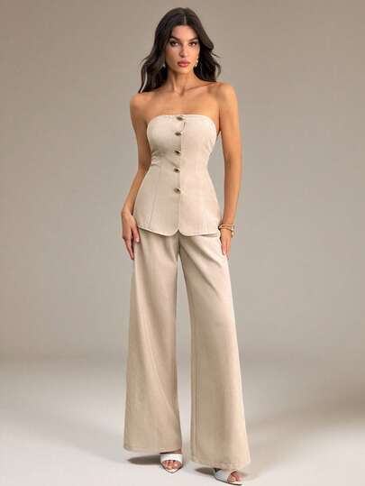 SHEIN Tall طقم ملابس علوية كامسول معدنية أنيقة وبسيطة وبنطلون واسع الساق بخصر عالي بلون الخاكي قطعتين، مناسب للذهاب إلى العمل والأنشطة اليومية والعطلات