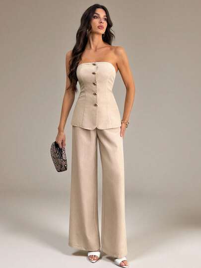 SHEIN Tall طقم ملابس علوية كامسول معدنية أنيقة وبسيطة وبنطلون واسع الساق بخصر عالي بلون الخاكي قطعتين، مناسب للذهاب إلى العمل والأنشطة اليومية والعطلات