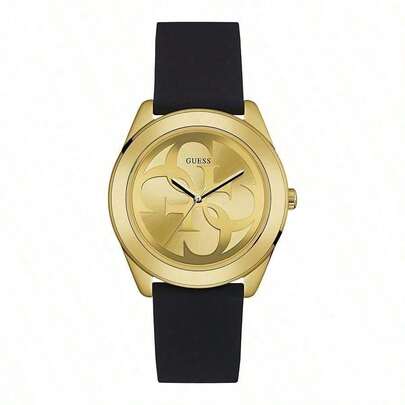 Guess ساعة يومية وهدية حفلة بسوار سيليكون أسود مع شعار مجدول ذهبي من ليدي جي W0911L3