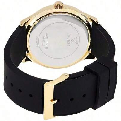 Guess ساعة يومية وهدية حفلة بسوار سيليكون أسود مع شعار مجدول ذهبي من ليدي جي W0911L3