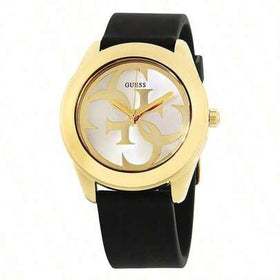 Guess ساعة يومية وهدية حفلة بسوار سيليكون أسود مع شعار مجدول ذهبي من ليدي جي W0911L3