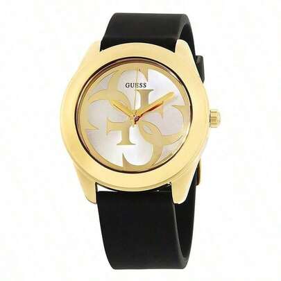 Guess ساعة يومية وهدية حفلة بسوار سيليكون أسود مع شعار مجدول ذهبي من ليدي جي W0911L3