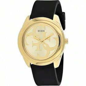Guess ساعة يومية وهدية حفلة بسوار سيليكون أسود مع شعار مجدول ذهبي من ليدي جي W0911L3