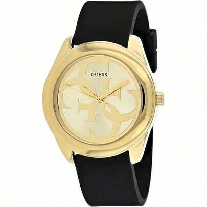 Guess ساعة يومية وهدية حفلة بسوار سيليكون أسود مع شعار مجدول ذهبي من ليدي جي W0911L3