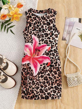 SHEIN فستان كاجوال بدون أكمام بطبعة نمر وزهور للفتيات الصغيرات