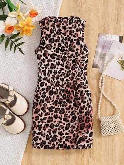 SHEIN فستان كاجوال بدون أكمام بطبعة نمر وزهور للفتيات الصغيرات