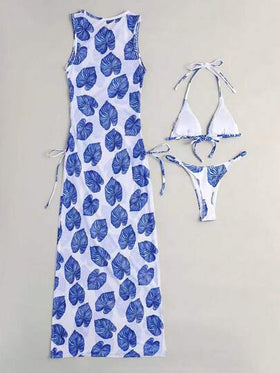 SHEIN Swim مجموعة بيكيني على شكل مثلث عشوائي مع غطاء شاطئ متخيل وردي، عنق معصم