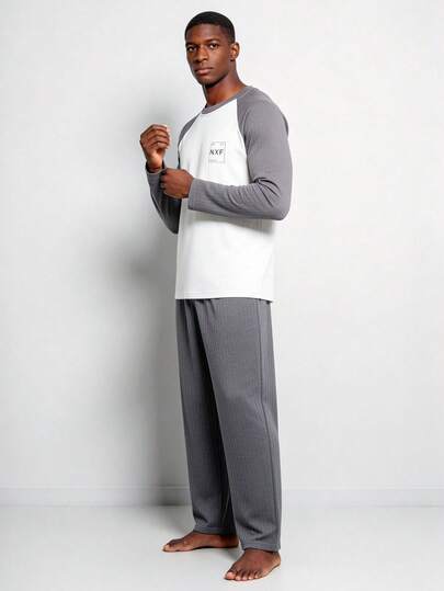 Snug League مجموعة بيجامة رجالية من قطن بياقة مستديرة وأكمام طويلة وبنطلون، ملابس منزلية مريحة ومنفذة للرطوبة للربيع والخريف، ملابس الخريف والشتاء، 2 قطعة