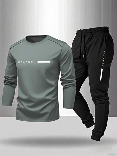 Manfinity Sport Corelite بدلة رياضية رجالية مكونة من ملابس علوية وبنطلون، طقم ملابس رياضية للرجال بطباعة حرفية، طقم ملابس رياضية بأكمام طويلة، طقم ملابس رياضية رجالية، طقم ملابس رياضية رجالية مكون من قطعتين، ملابس علوية رياضي بأكمام طويلة وطقم ملابس رياضي