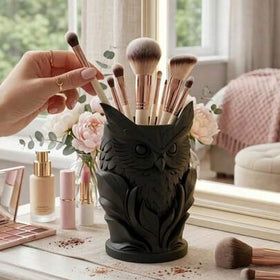 كوب تخزين زخرفي على شكل بومة، حامل أقلام بتصميم بومة منحوتة للأقلام والأقلام الرصاص والأقلام الحبر، حامل فرش المكياج، حامل الزهور المجففة، ديكور المكتب المنزلي، أسود/رمادي