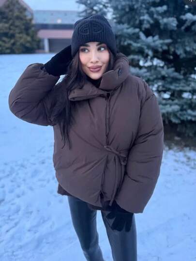 معطف نسائي قصير مبطن، ملابس شتوية دافئة للنساء، معاطف شتوية بني للنساء، معطف نسائي بياقة عالية