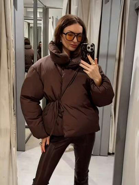 معطف نسائي قصير مبطن، ملابس شتوية دافئة للنساء، معاطف شتوية بني للنساء، معطف نسائي بياقة عالية