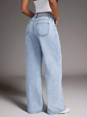 SHEIN EZwear جينز بطول ساق مستقيمة ذو خصر منخفض مغسول مطبوع عليه طبعة فراشة للنساء