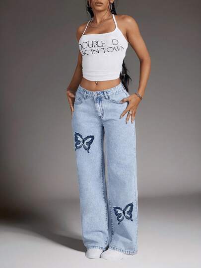 SHEIN EZwear جينز بطول ساق مستقيمة ذو خصر منخفض مغسول مطبوع عليه طبعة فراشة للنساء