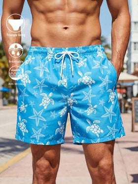 Manfinity Swimmode شورتات بحر للرجال بطبعات السلاحف والنجوم بلون أزرق فاتح مع بطانة مثلثة والجيوب، طراز هاواي