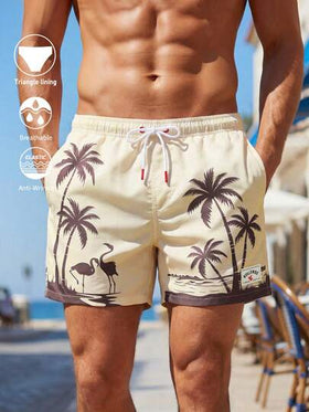 Manfinity Swimmode شورت رجالي بخصر مرن وجيوب بطبعة أشجار جوز الهند، متعدد الاستخدامات للاستخدام اليومي والشاطئ