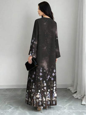 SHEIN Najma عباية كارديجان طويلة كاجوال للنساء بطبعة زهرية تدرجية ذات أكمام طويلة، مناسبة للربيع والخريف