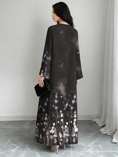 SHEIN Najma عباية كارديجان طويلة كاجوال للنساء بطبعة زهرية تدرجية ذات أكمام طويلة، مناسبة للربيع والخريف