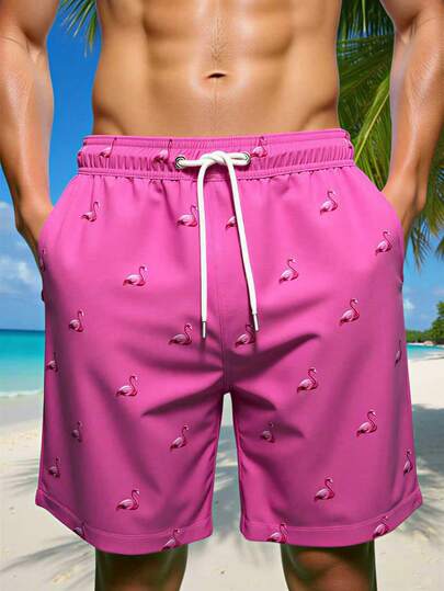 Manfinity Swimmode شورت رجالي كاجوال أنيق للشاطئ، مزين بطبعة فلامنجو، مزود برباط عند الخصر وجيوب