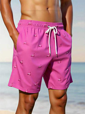 Manfinity Swimmode شورت رجالي كاجوال أنيق للشاطئ، مزين بطبعة فلامنجو، مزود برباط عند الخصر وجيوب