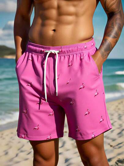 Manfinity Swimmode شورت رجالي كاجوال أنيق للشاطئ، مزين بطبعة فلامنجو، مزود برباط عند الخصر وجيوب