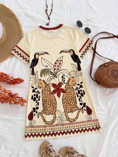 SHEIN فستان كاجوال متوسط الطول بياقة مستديرة وأكمام قصيرة، مطبوع بطبعات حيوانية، مناسب للصيف للفتيات الصغيرات