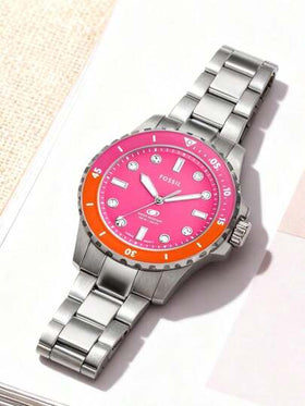 Fossil ساعة نسائية من فوسيل من الفولاذ المقاوم للصدأ بثلاث عقارب مع قرص وردي ومقاومة للماء لغاية 100 متر ES5351