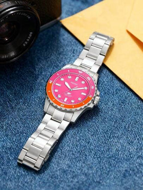 Fossil ساعة نسائية من فوسيل من الفولاذ المقاوم للصدأ بثلاث عقارب مع قرص وردي ومقاومة للماء لغاية 100 متر ES5351