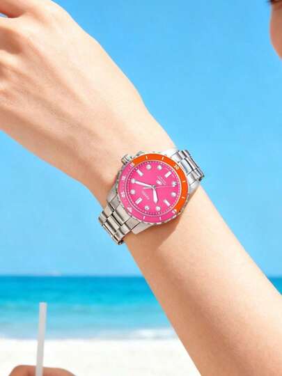 Fossil ساعة نسائية من فوسيل من الفولاذ المقاوم للصدأ بثلاث عقارب مع قرص وردي ومقاومة للماء لغاية 100 متر ES5351